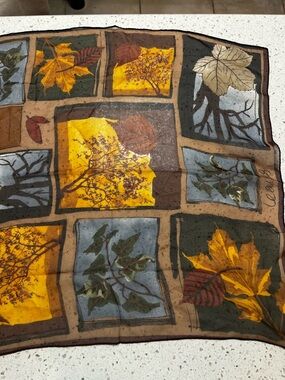 Autumn Leaf Print Square Scarf - Yellow, Brown, Blue